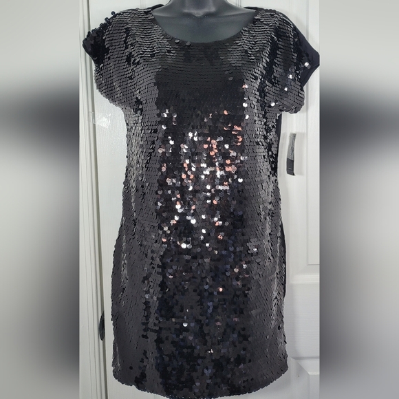 ALFANI Black Sequin Front Dress Jersey Back Stretch Petite Small - Picture 3 of 7